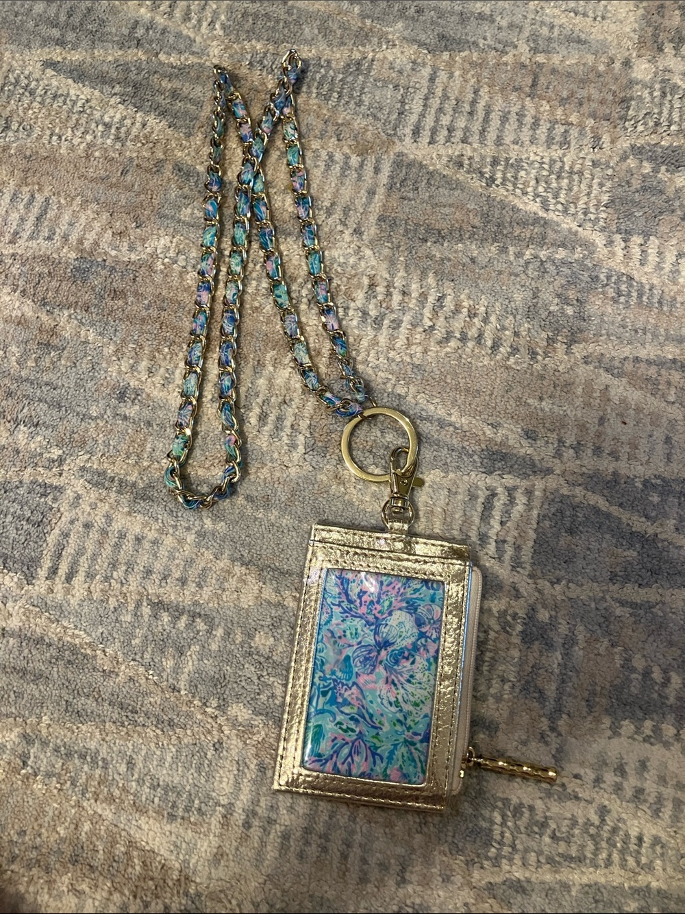 Lilly Pulitzer Gold Floral ID Necklace with Blue and Pink Insert